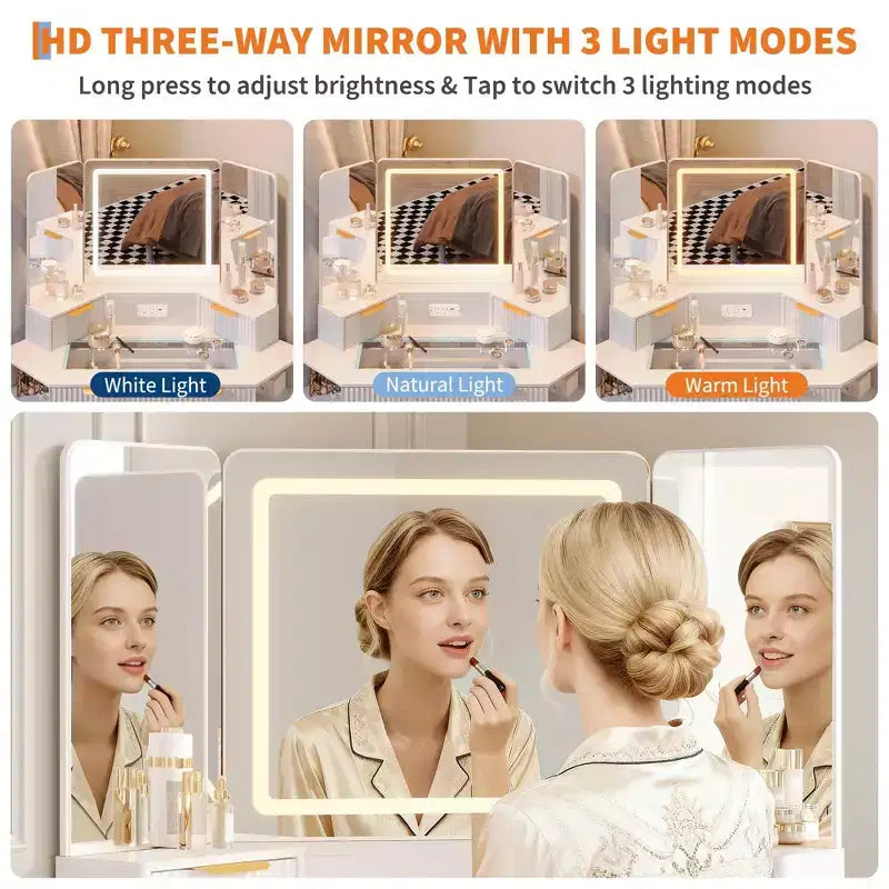 Tocador de maquillaje scanalato da 48 pollici, Grande angolo vanità illuminato con specchio triplo HD e luci, Tavolo da trucco