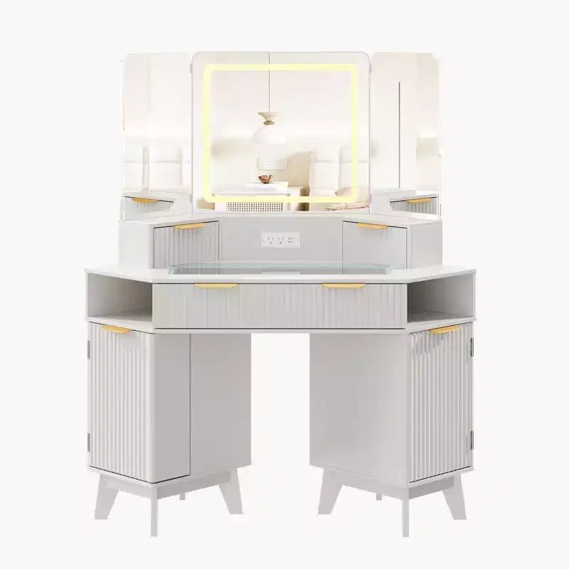 Tocador de maquillaje scanalato da 48 pollici, Grande angolo vanità illuminato con specchio triplo HD e luci, Tavolo da trucco