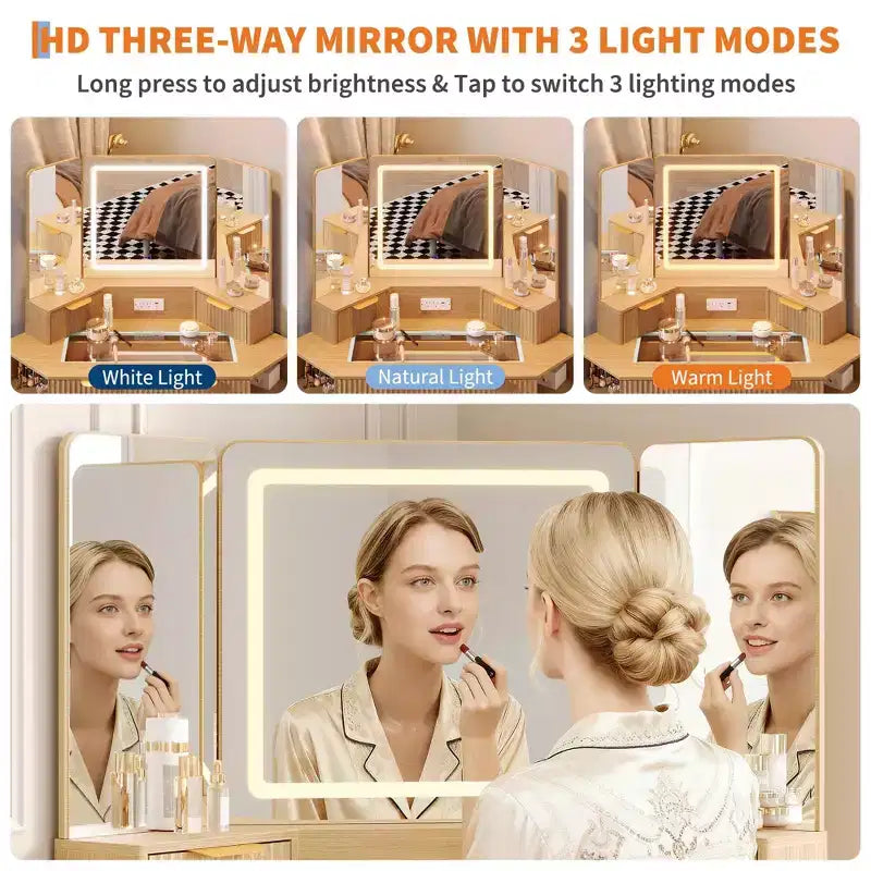 Tocador de maquillaje scanalato da 48 pollici, Grande angolo vanità illuminato con specchio triplo HD e luci, Tavolo da trucco
