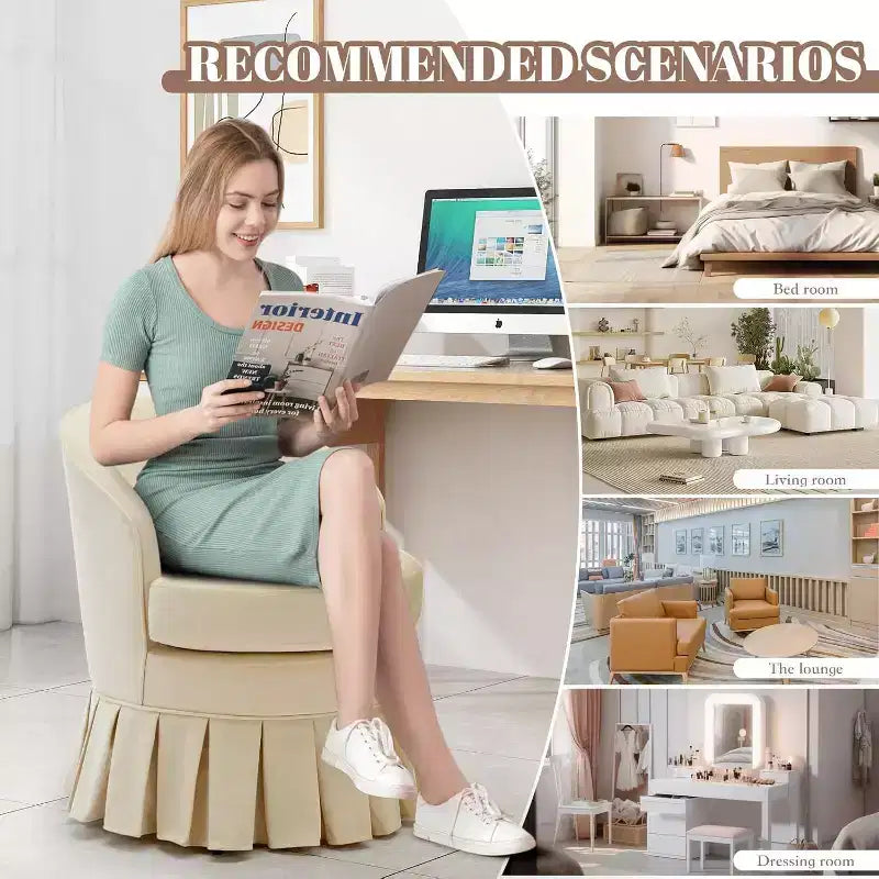 Sedia da pranzo imbottita, poltrona moderna di metà secolo, sgabello da trucco, comoda poltrona singola per camera da letto, soggiorno, sala da pranzo, beige