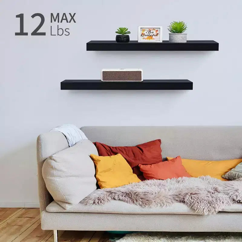 18.11 Black Floating Shelf C invisible-bracket wood wall mount, perfect bathroom/bedroom/kitchen dcor or book/plant display, easy install.