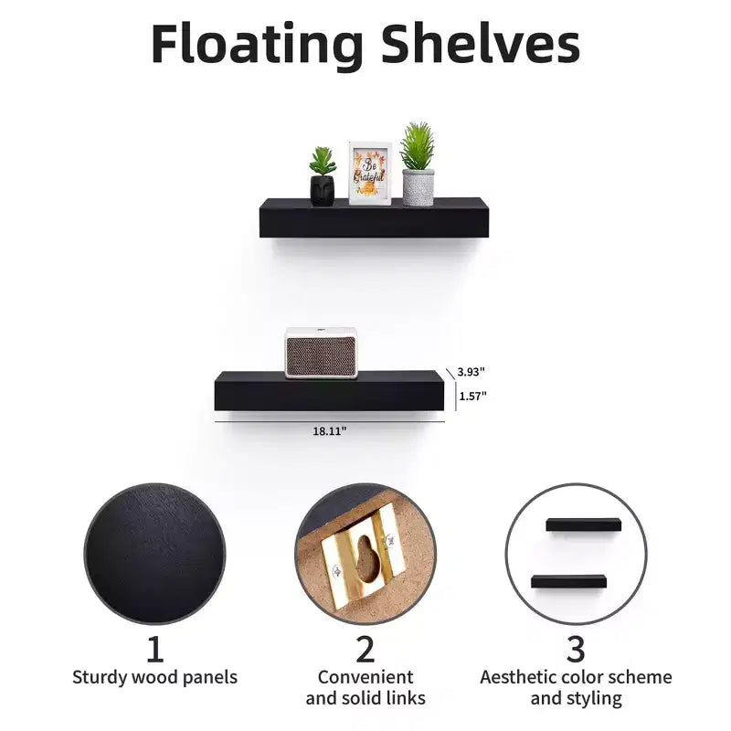 18.11 Mensola galleggiante nera in legno, con staffa invisibile, perfetta per l'arredo di bagno/camera da letto/cucina o come espositore per libri/piante, facile da installare.