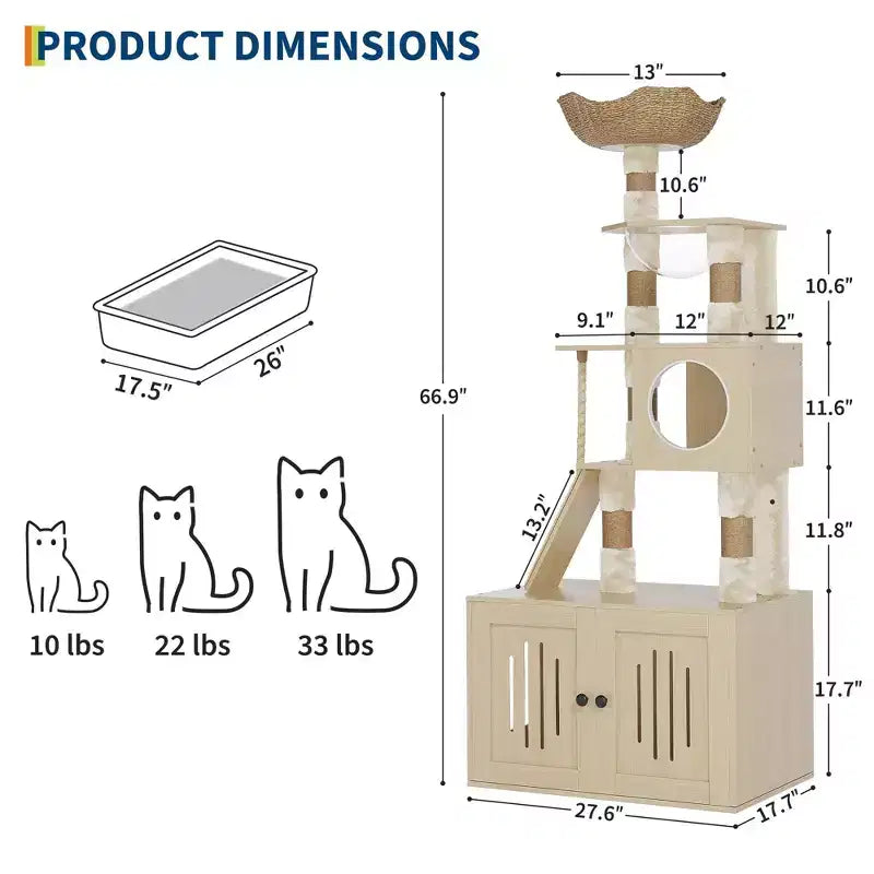 Tiragraffi 2 in 1 con mobile lettiera, condominio per gatti alto 170 cm, amaca, cuscini lavabili, posatoi a più livelli e pali tiragraffi per gatti