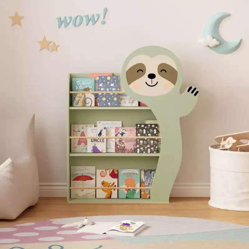 Sloth Kids Bookshelf, Front-Facing Toddler Book Display Rack with 3 Tiers, Cute Animal Design, Wooden Nursery Bookshelf for Playroom