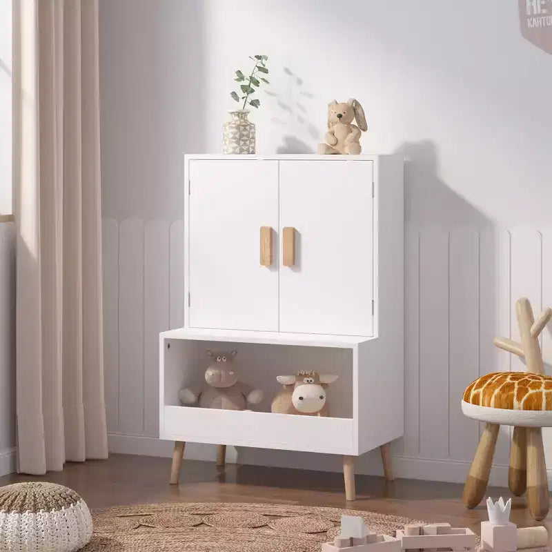 Mobile Contenitore per Giocattoli per Bambini con Ante e Ripiano Aperto, Organizer Moderno in Legno Bianco con Gambe in Legno Naturale, Libreria per Bambini per Sala Giochi