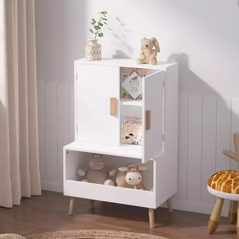 Mobile Contenitore per Giocattoli per Bambini con Ante e Ripiano Aperto, Organizer Moderno in Legno Bianco con Gambe in Legno Naturale, Libreria per Bambini per Sala Giochi