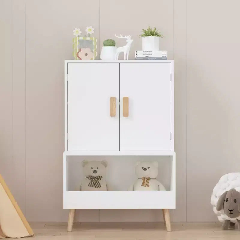 Mobile Contenitore per Giocattoli per Bambini con Ante e Ripiano Aperto, Organizer Moderno in Legno Bianco con Gambe in Legno Naturale, Libreria per Bambini per Sala Giochi