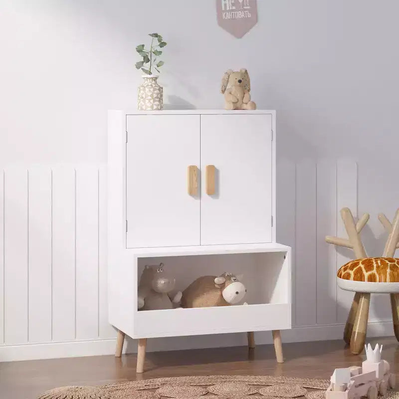 Mobile Contenitore per Giocattoli per Bambini con Ante e Ripiano Aperto, Organizer Moderno in Legno Bianco con Gambe in Legno Naturale, Libreria per Bambini per Sala Giochi