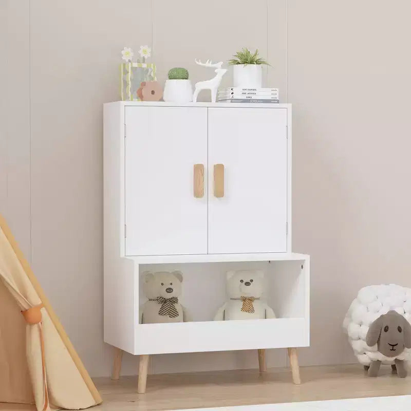 Mobile Contenitore per Giocattoli per Bambini con Ante e Ripiano Aperto, Organizer Moderno in Legno Bianco con Gambe in Legno Naturale, Libreria per Bambini per Sala Giochi