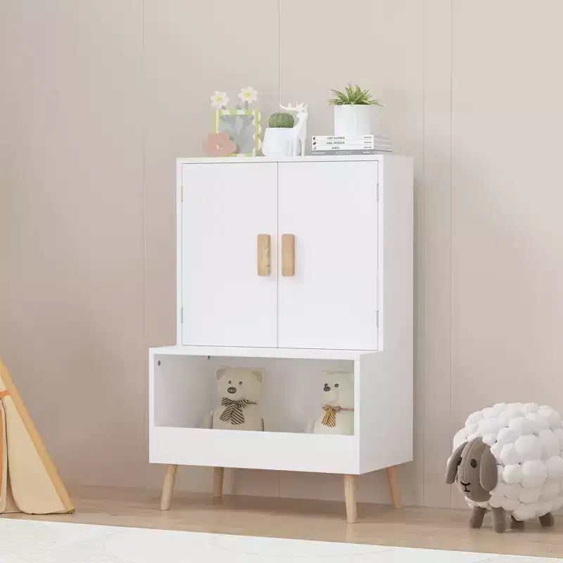 Mobile Contenitore per Giocattoli per Bambini con Ante e Ripiano Aperto, Organizer Moderno in Legno Bianco con Gambe in Legno Naturale, Libreria per Bambini per Sala Giochi