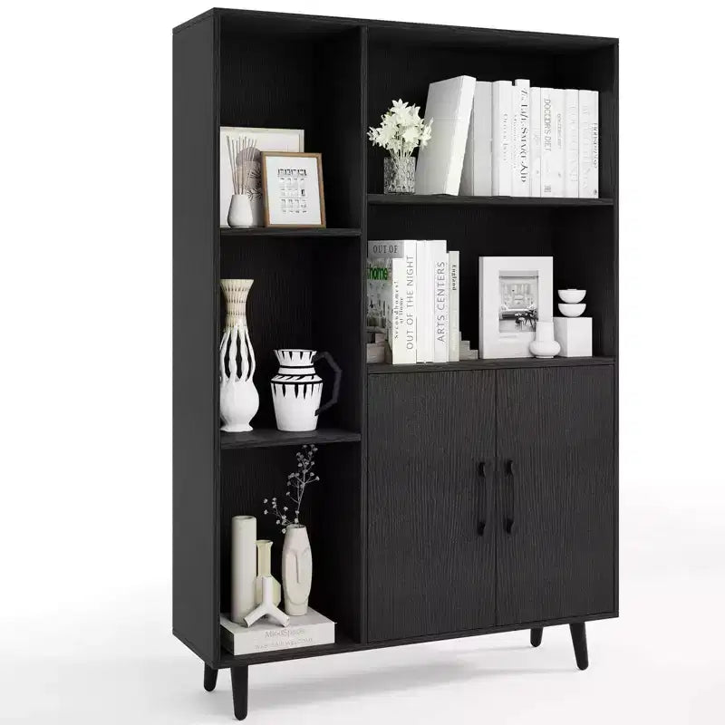 Costway Free Standing Storage Cabinet with 5 Open Shelves Double Door Cabinet Metal Legs Black/White