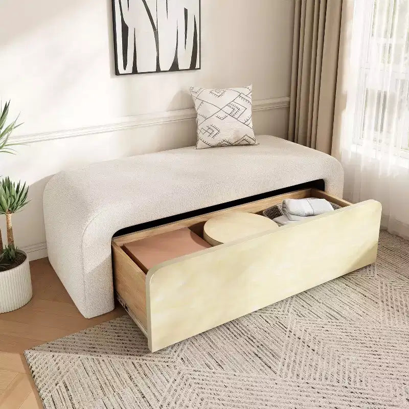 TUYOHW Sleek Curved Ottoman Bench with Drawer,Plush Boucle End-of-Bed Storage Bench for Bedroom and Living Room,300lbs Capacity,Light Brown/White