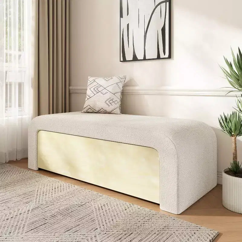 Panca Pouf Curva in Bouclé con Cassetto in Legno Massello, Capacità 136 kg, Marrone Chiaro/Bianco