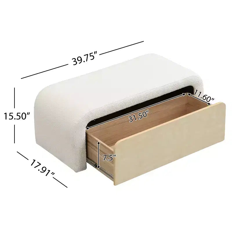 Panca Pouf Curva in Bouclé con Cassetto in Legno Massello, Capacità 136 kg, Marrone Chiaro/Bianco