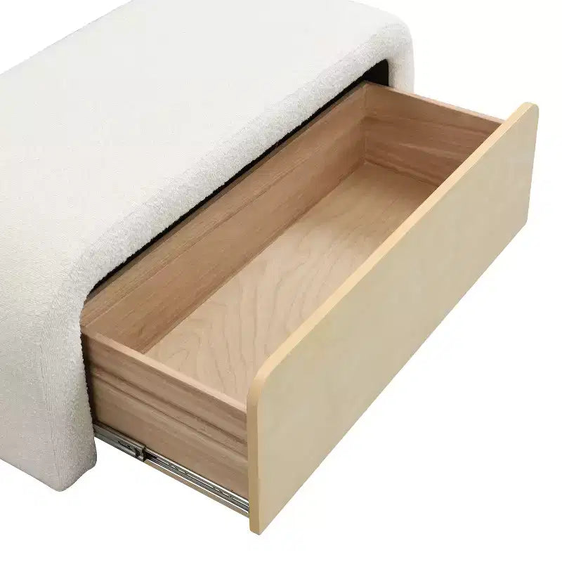 Panca Pouf Curva in Bouclé con Cassetto in Legno Massello, Capacità 136 kg, Marrone Chiaro/Bianco