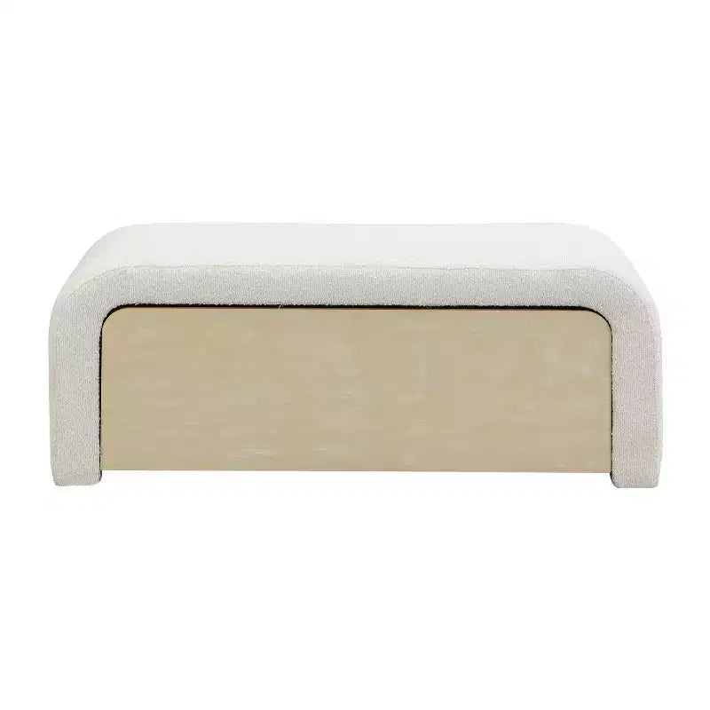 Panca Pouf Curva in Bouclé con Cassetto in Legno Massello, Capacità 136 kg, Marrone Chiaro/Bianco