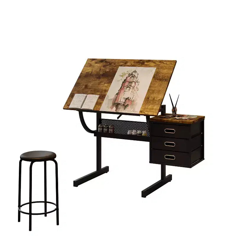 Tavolo da Disegno Regolabile in Altezza con Sgabello e 3 Cassetti, Inclinazione 0-75°, Nero