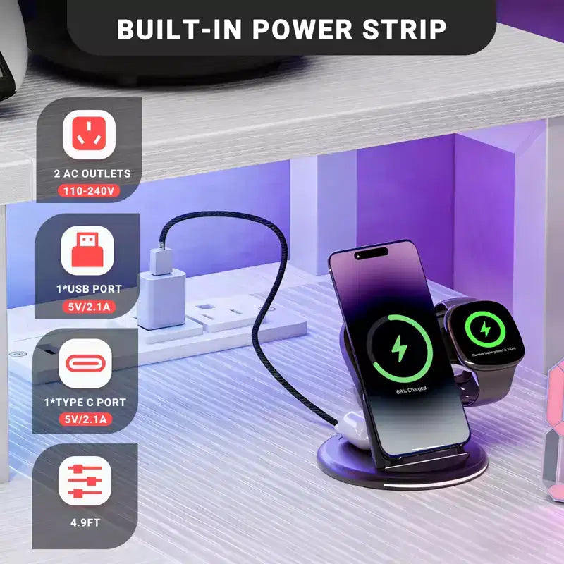 Scrivania gaming a L con luci LED RGB, ricarica USB e Type-C, presa di corrente e supporto per monitor