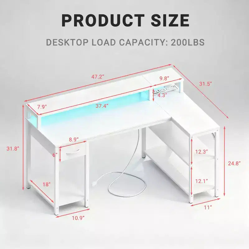 Scrivania gaming a L con luci LED RGB, ricarica USB e Type-C, presa di corrente e supporto per monitor