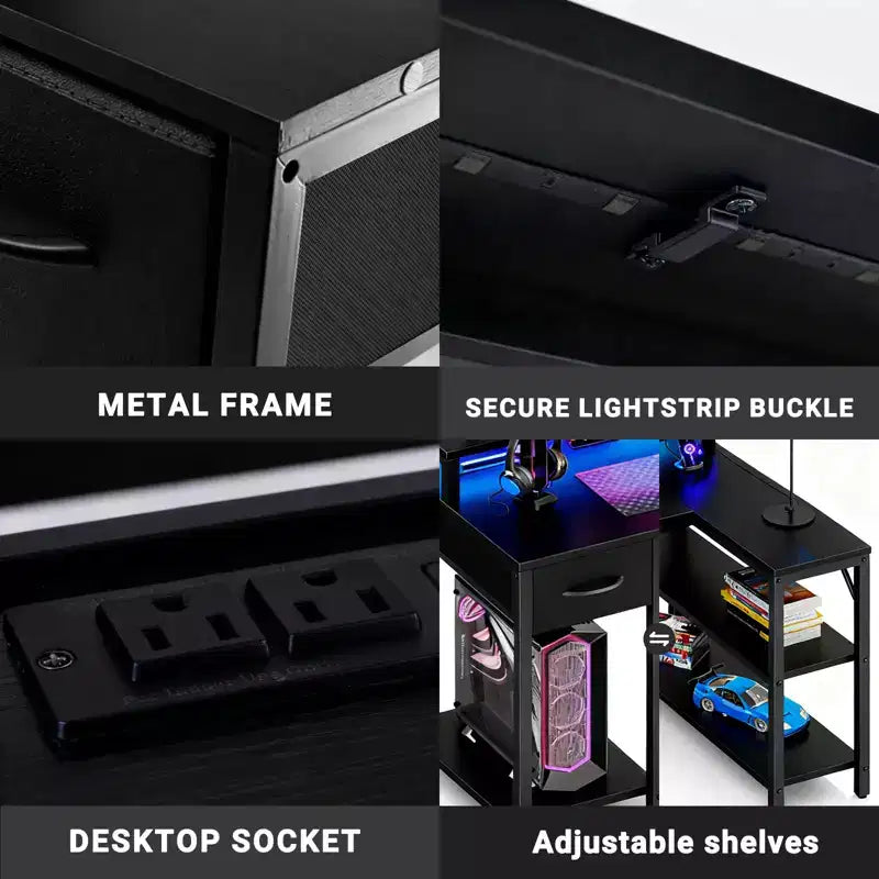 Scrivania gaming a L con luci LED RGB, ricarica USB e Type-C, presa di corrente e supporto per monitor