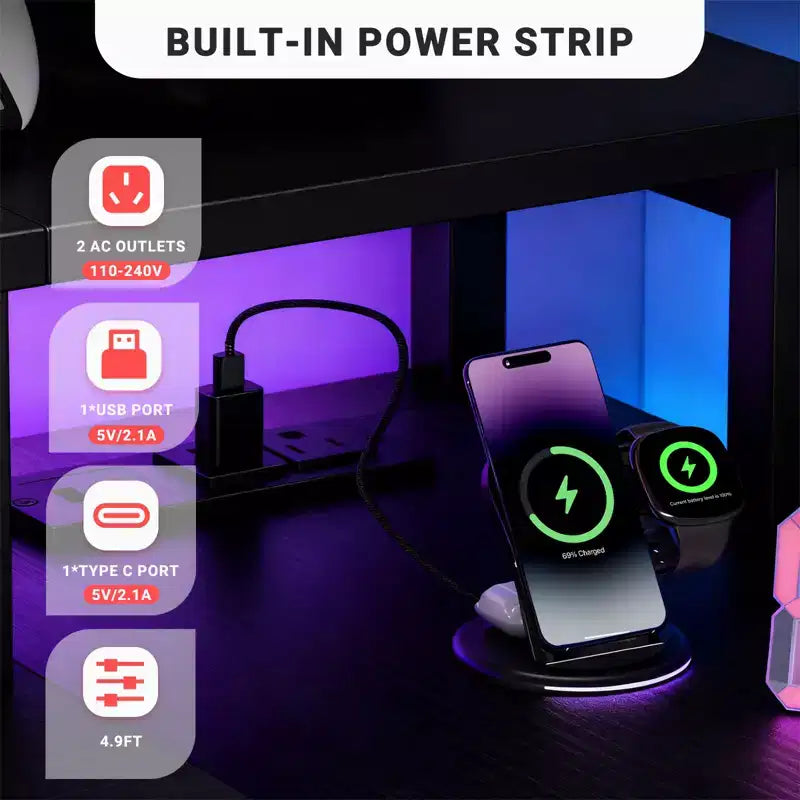 Scrivania gaming a L con luci LED RGB, ricarica USB e Type-C, presa di corrente e supporto per monitor