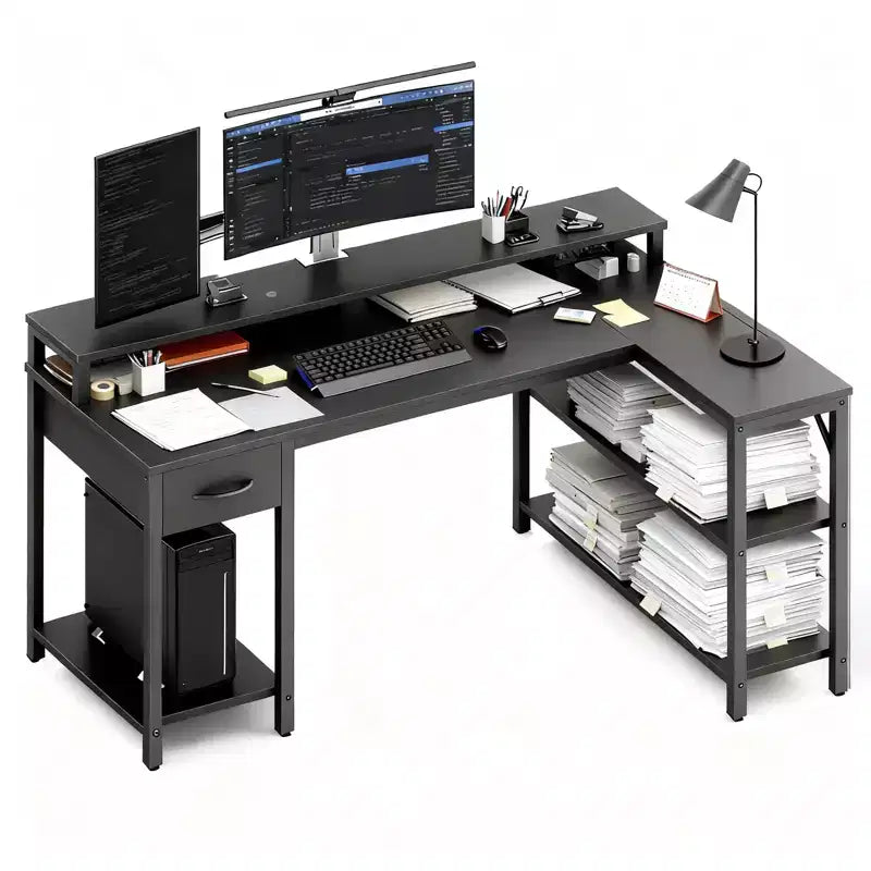 Bestier L-Shaped Gaming Desk with RGB LED Lights, USB Charging Station, Power Outlet, Monitor Stand & Storage Shelves