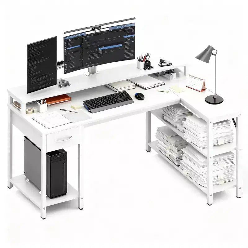 Scrivania gaming a L con luci LED RGB, ricarica USB e Type-C, presa di corrente e supporto per monitor