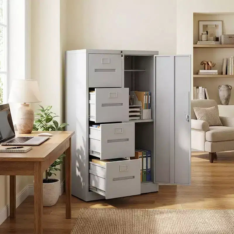Classificatore verticale in acciaio da 52" con serratura, 4 cassetti e 1 anta laterale, bianco