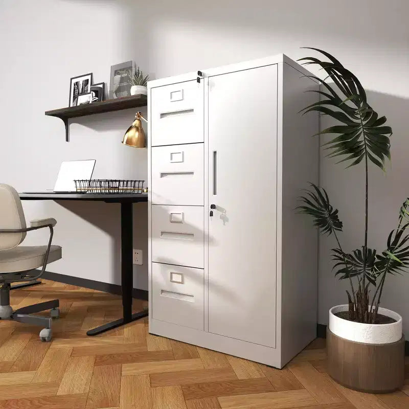 Classificatore verticale in acciaio da 52" con serratura, 4 cassetti e 1 anta laterale, bianco