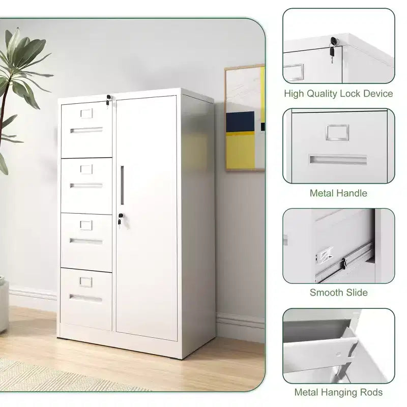 Classificatore verticale in acciaio da 52" con serratura, 4 cassetti e 1 anta laterale, bianco