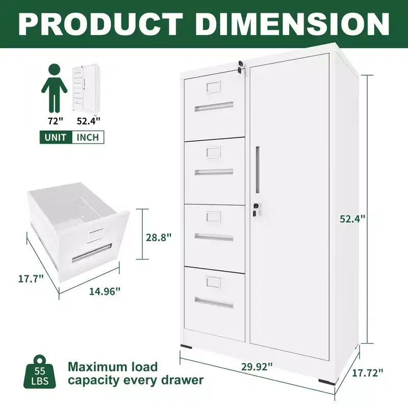 Classificatore verticale in acciaio da 52" con serratura, 4 cassetti e 1 anta laterale, bianco