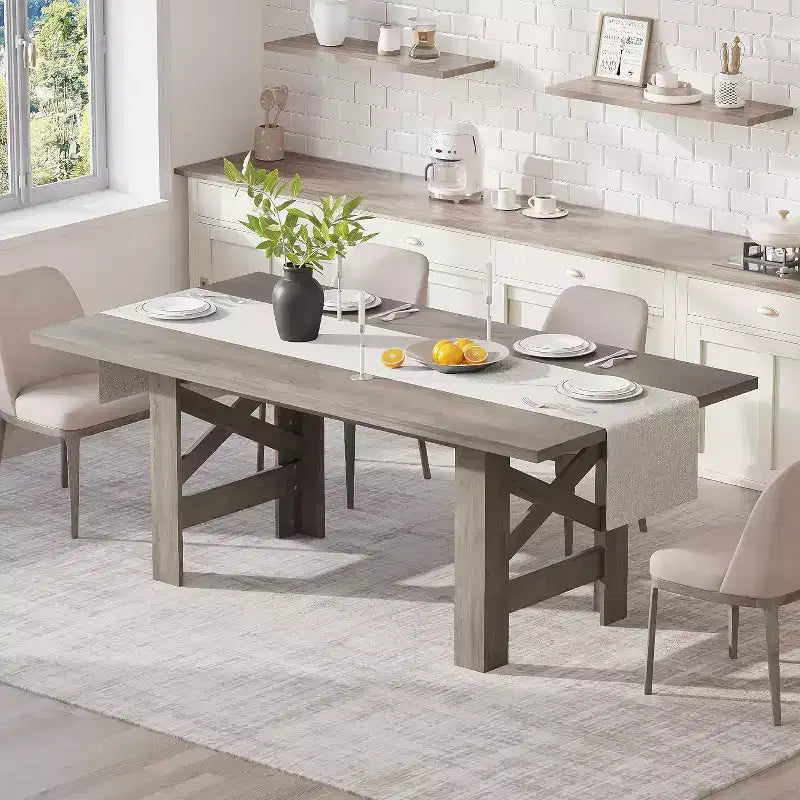 71 Grande Tavolo da Pranzo per 6-8, Tavolo da Cucina in Legno Stile Fattoria con Robuste Gambe Triangolari, Piano Spesso Rettangolare, Base Resistente per Sala da Pranzo