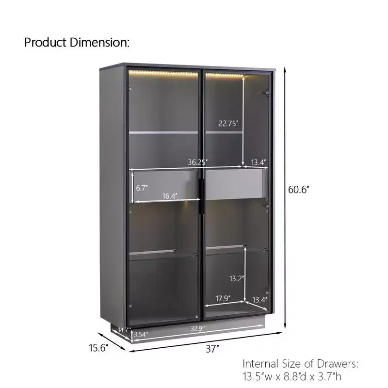 Vetrinetta a Colonna con Ante in Vetro da 154 cm, Libreria con 2 Cassetti Contenitore, Dispensa con Illuminazione a LED e Ripiani Regolabili, per Corridoi e Cucine