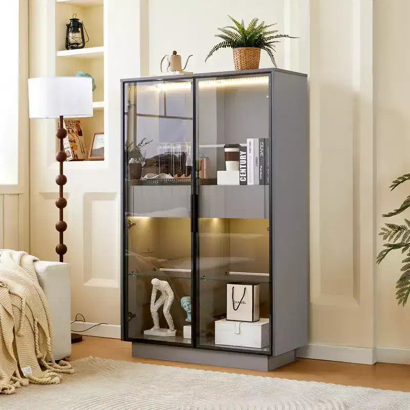 Vetrinetta a Colonna con Ante in Vetro da 154 cm, Libreria con 2 Cassetti Contenitore, Dispensa con Illuminazione a LED e Ripiani Regolabili, per Corridoi e Cucine
