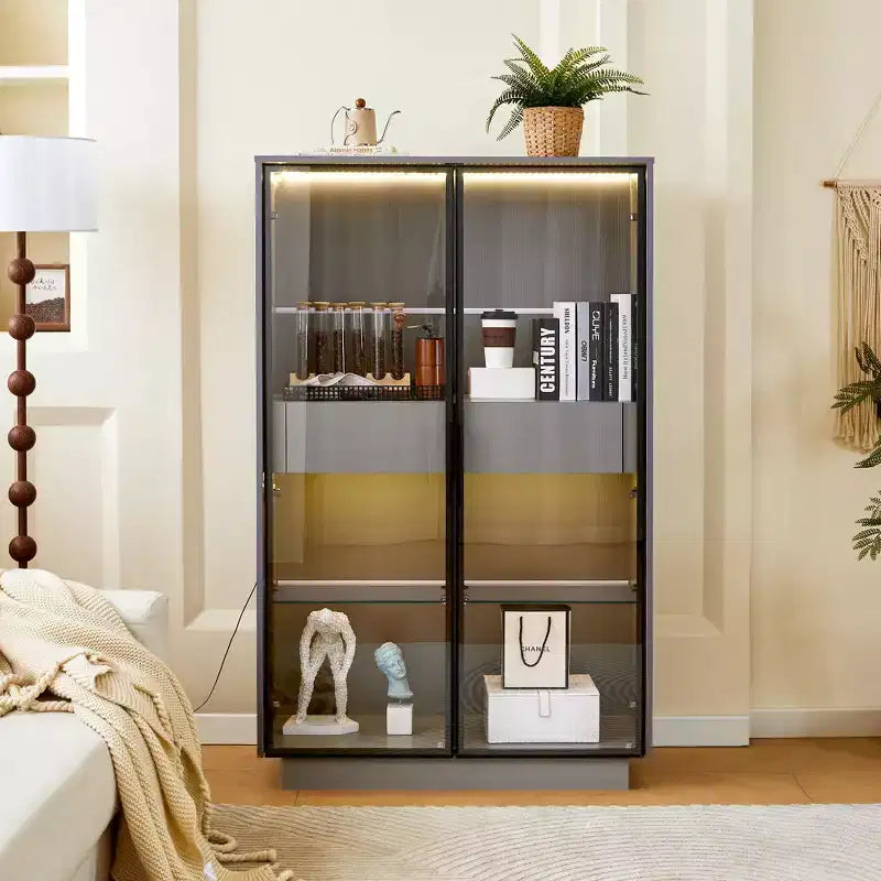 Vetrinetta a Colonna con Ante in Vetro da 154 cm, Libreria con 2 Cassetti Contenitore, Dispensa con Illuminazione a LED e Ripiani Regolabili, per Corridoi e Cucine