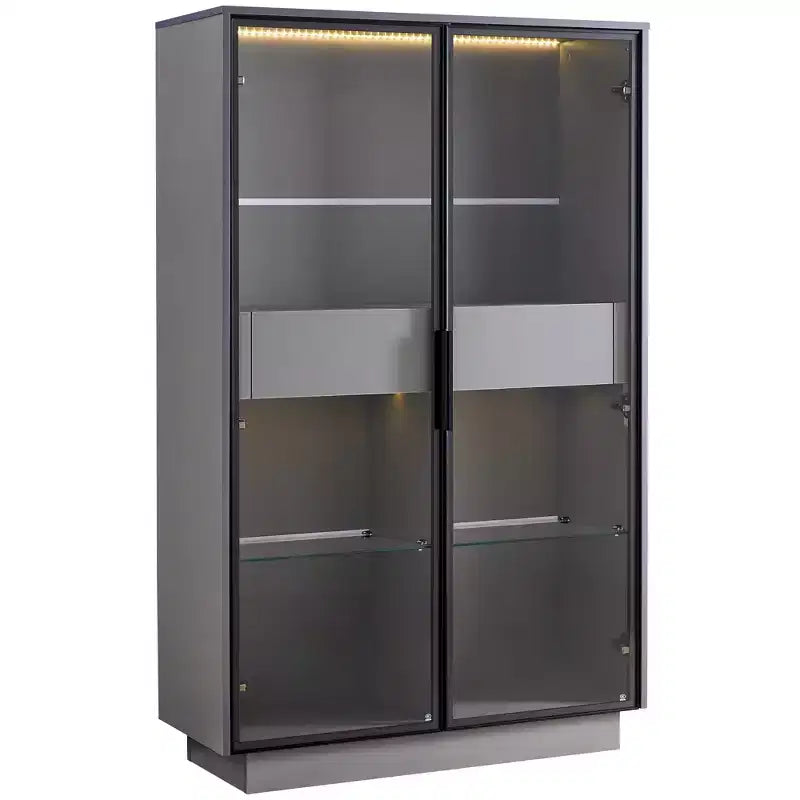 Vetrinetta a Colonna con Ante in Vetro da 154 cm, Libreria con 2 Cassetti Contenitore, Dispensa con Illuminazione a LED e Ripiani Regolabili, per Corridoi e Cucine