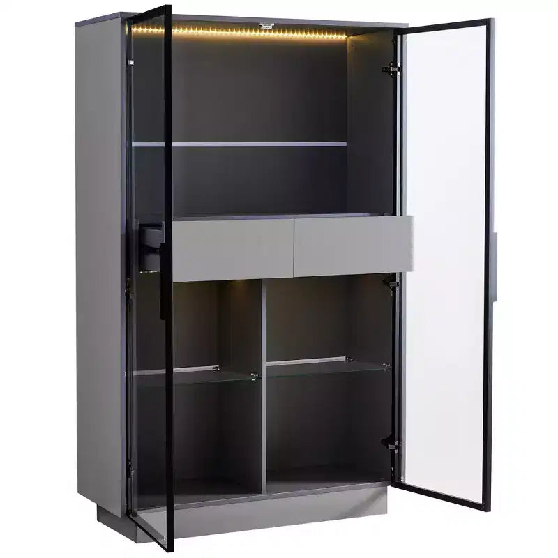 Vetrinetta a Colonna con Ante in Vetro da 154 cm, Libreria con 2 Cassetti Contenitore, Dispensa con Illuminazione a LED e Ripiani Regolabili, per Corridoi e Cucine