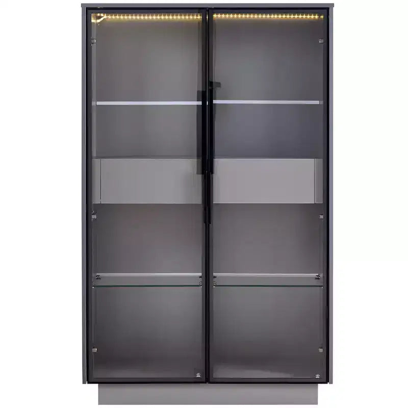 Vetrinetta a Colonna con Ante in Vetro da 154 cm, Libreria con 2 Cassetti Contenitore, Dispensa con Illuminazione a LED e Ripiani Regolabili, per Corridoi e Cucine