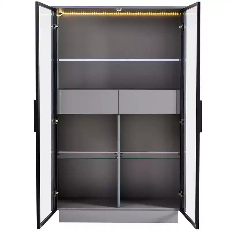 Vetrinetta a Colonna con Ante in Vetro da 154 cm, Libreria con 2 Cassetti Contenitore, Dispensa con Illuminazione a LED e Ripiani Regolabili, per Corridoi e Cucine