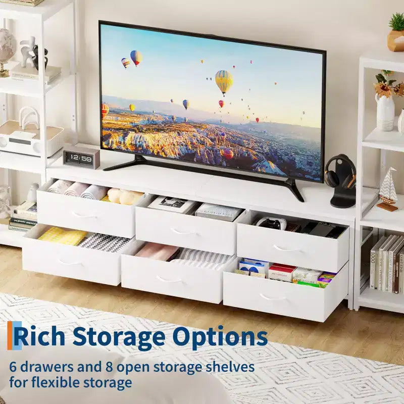 Mobile TV per TV da 75" con luci LED, prese di corrente, 6 cassetti e librerie modulari, Nero