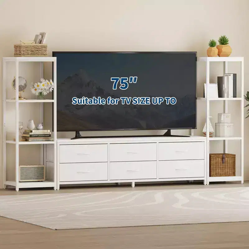 Mobile TV per TV da 75" con luci LED, prese di corrente, 6 cassetti e librerie modulari, Nero