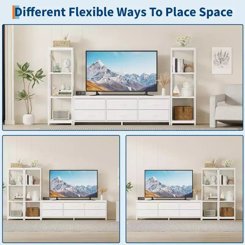 Mobile TV per TV da 75" con luci LED, prese di corrente, 6 cassetti e librerie modulari, Nero