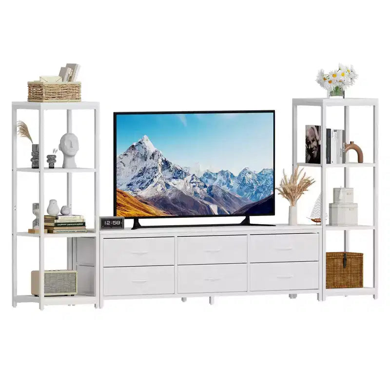 Mobile TV per TV da 75" con luci LED, prese di corrente, 6 cassetti e librerie modulari, Nero