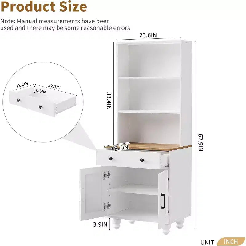 Mobile dispensa alto da cucina con piano di lavoro e cassetti, libreria a 5 livelli con ripiani regolabili e gambe a forma di zucca per ufficio domestico