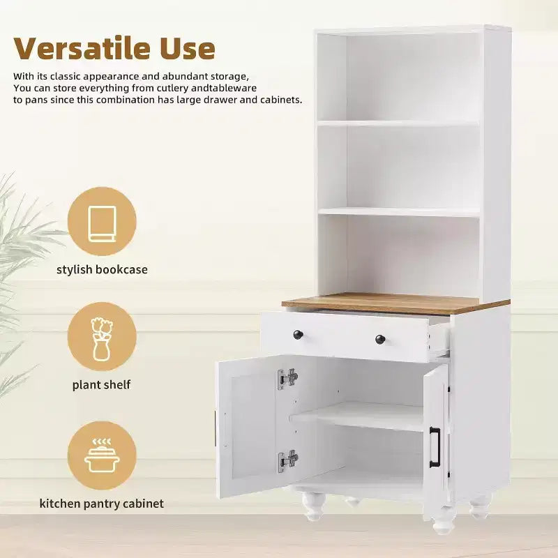 Mobile dispensa alto da cucina con piano di lavoro e cassetti, libreria a 5 livelli con ripiani regolabili e gambe a forma di zucca per ufficio domestico