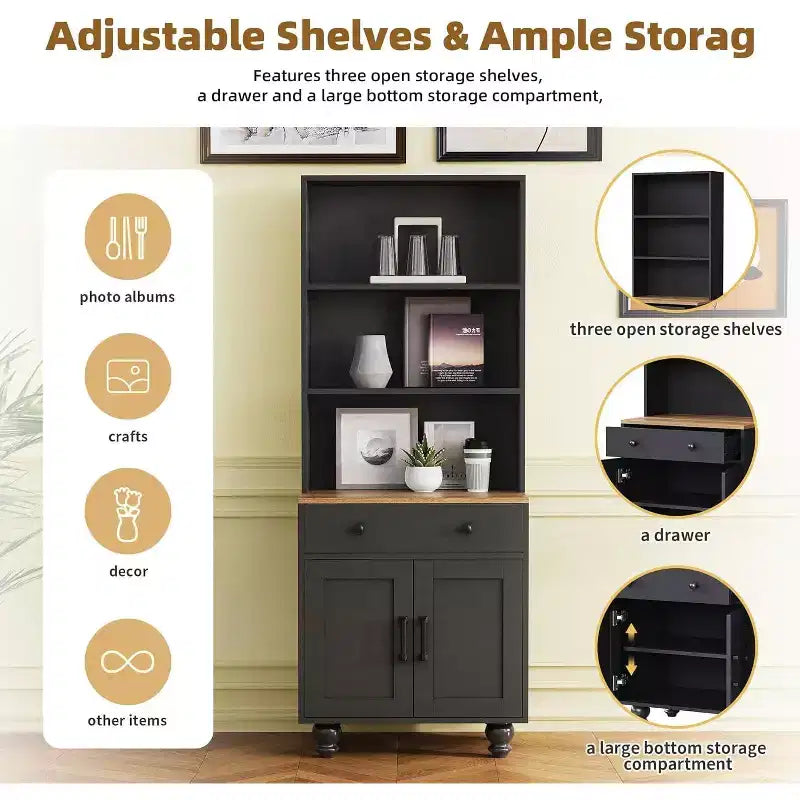 Tall Kitchen Storage Cabinet with Countertop and Drawers, 5-Tier Bookshelf with Adjustable Shelves and Gourd-Shaped Legs for Home Office