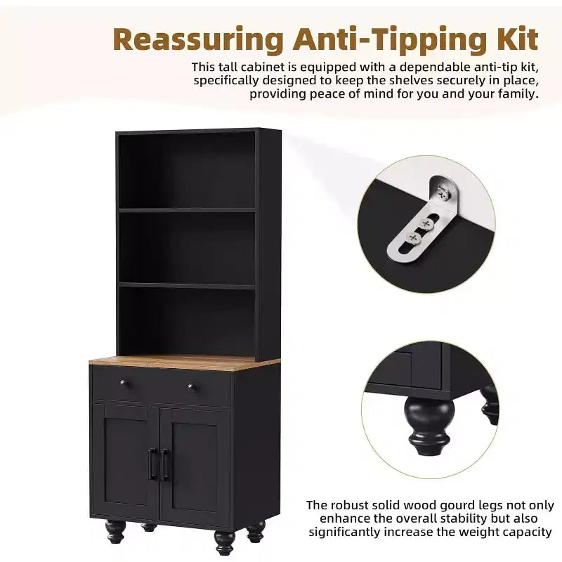 Tall Kitchen Storage Cabinet with Countertop and Drawers, 5-Tier Bookshelf with Adjustable Shelves and Gourd-Shaped Legs for Home Office