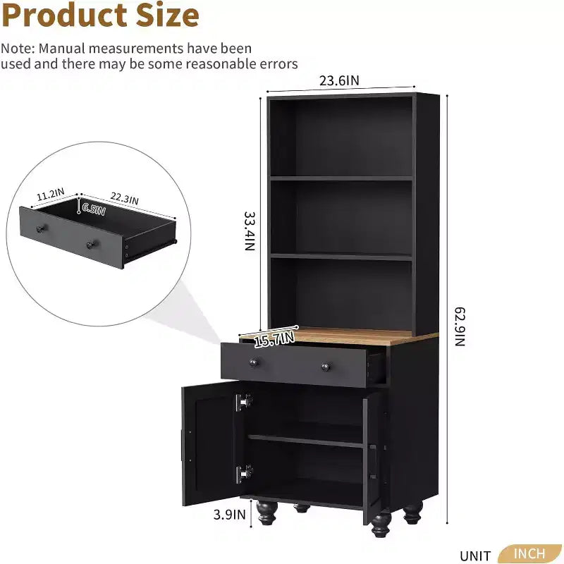 Mobile dispensa alto da cucina con piano di lavoro e cassetti, libreria a 5 livelli con ripiani regolabili e gambe a forma di zucca per ufficio domestico