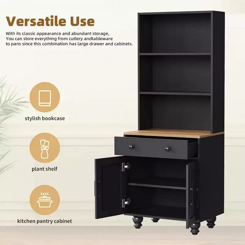 Mobile dispensa alto da cucina con piano di lavoro e cassetti, libreria a 5 livelli con ripiani regolabili e gambe a forma di zucca per ufficio domestico
