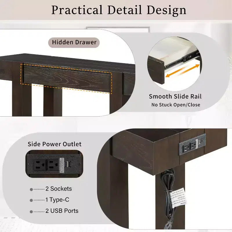 Consolle rustica minimalista da 47" con cassetto nascosto, porte USB e presa di corrente